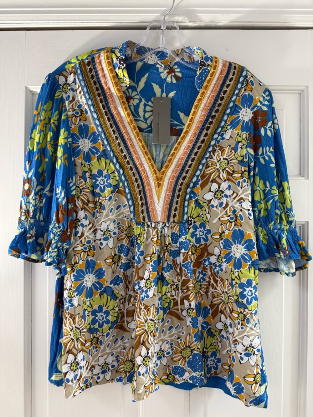 Anthropologie Floral V-Neck Tunic Top in Blue and Mustard